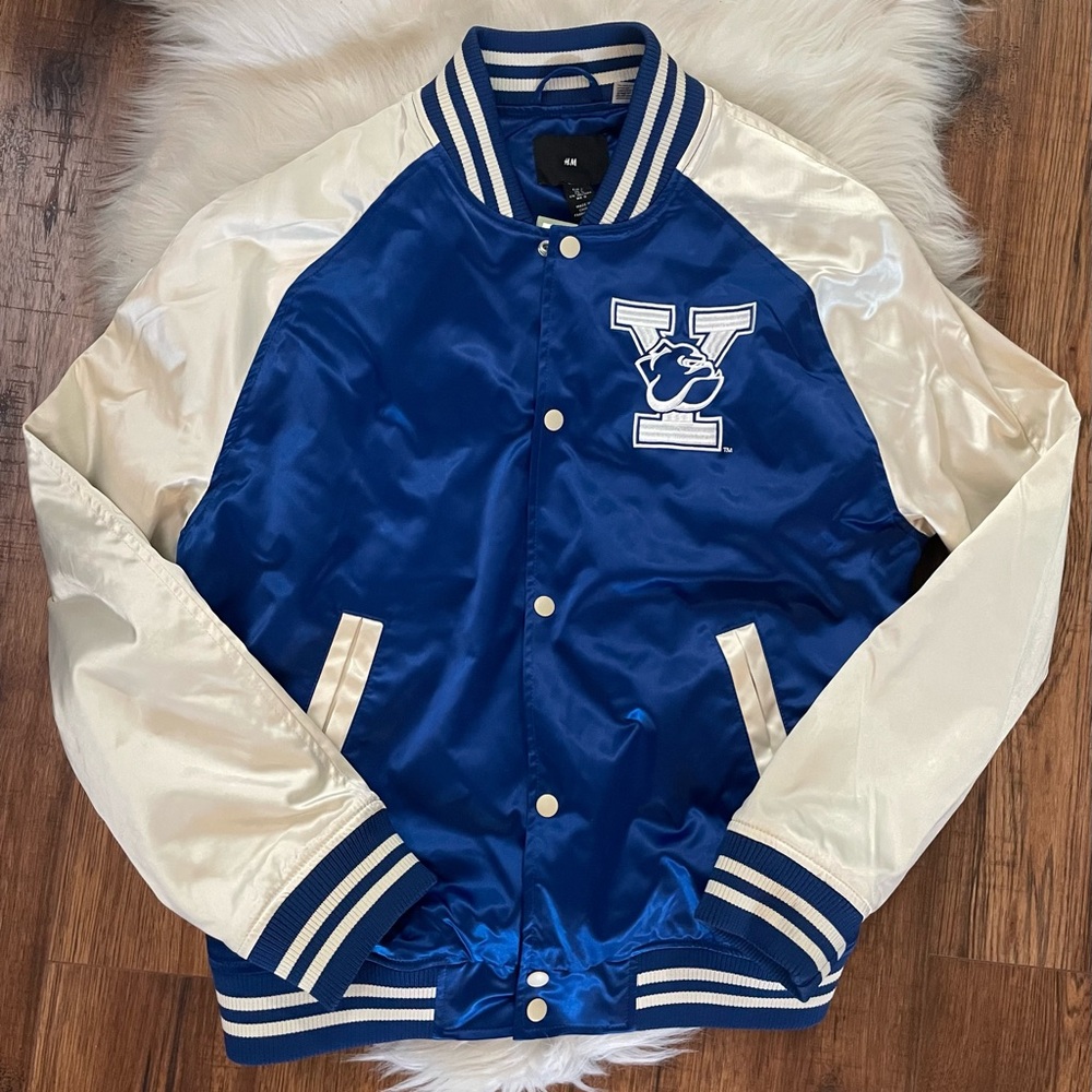 H&M YALE University Satin Varsity Bomber Jacket Embroidered LARGE- FLAWS READ!!!